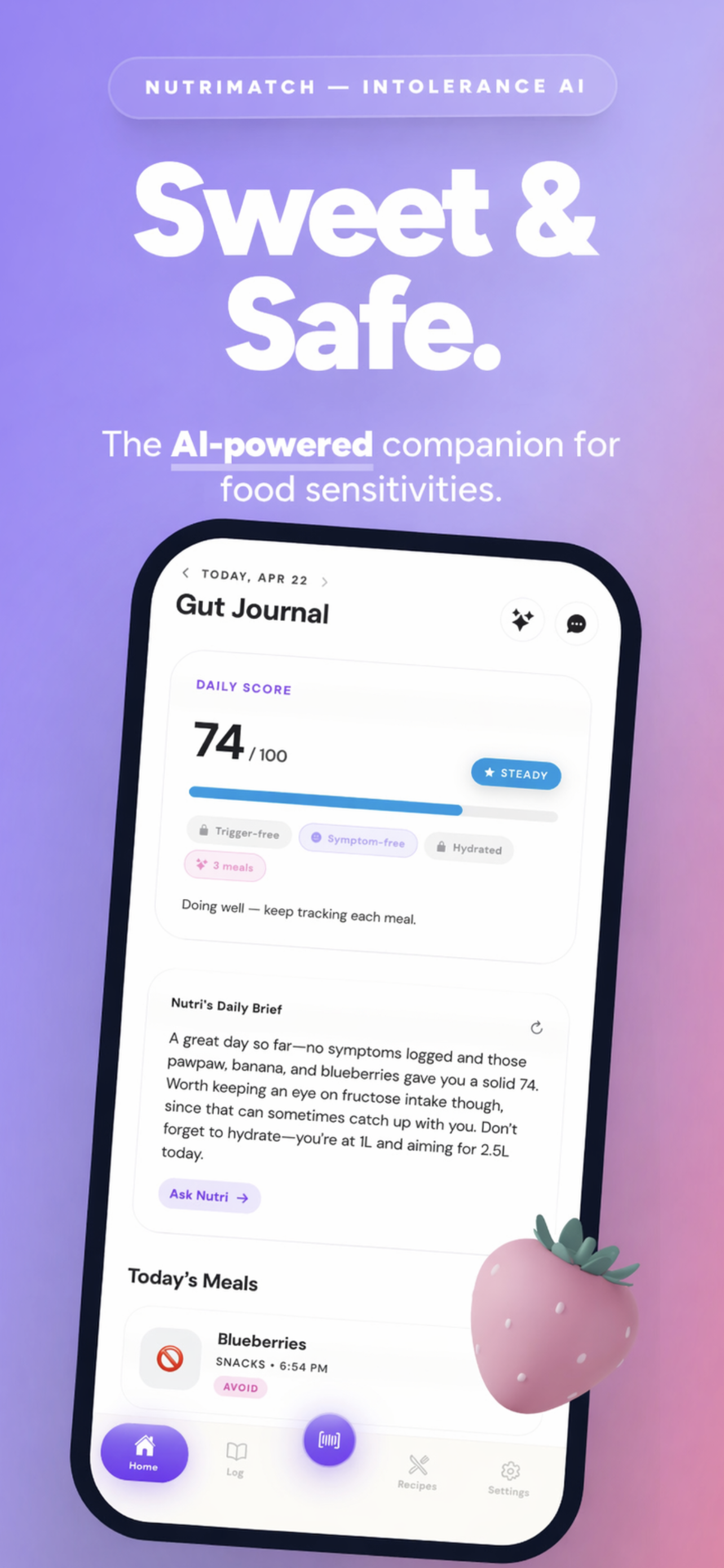 The NutriMatch home screen — gut journal